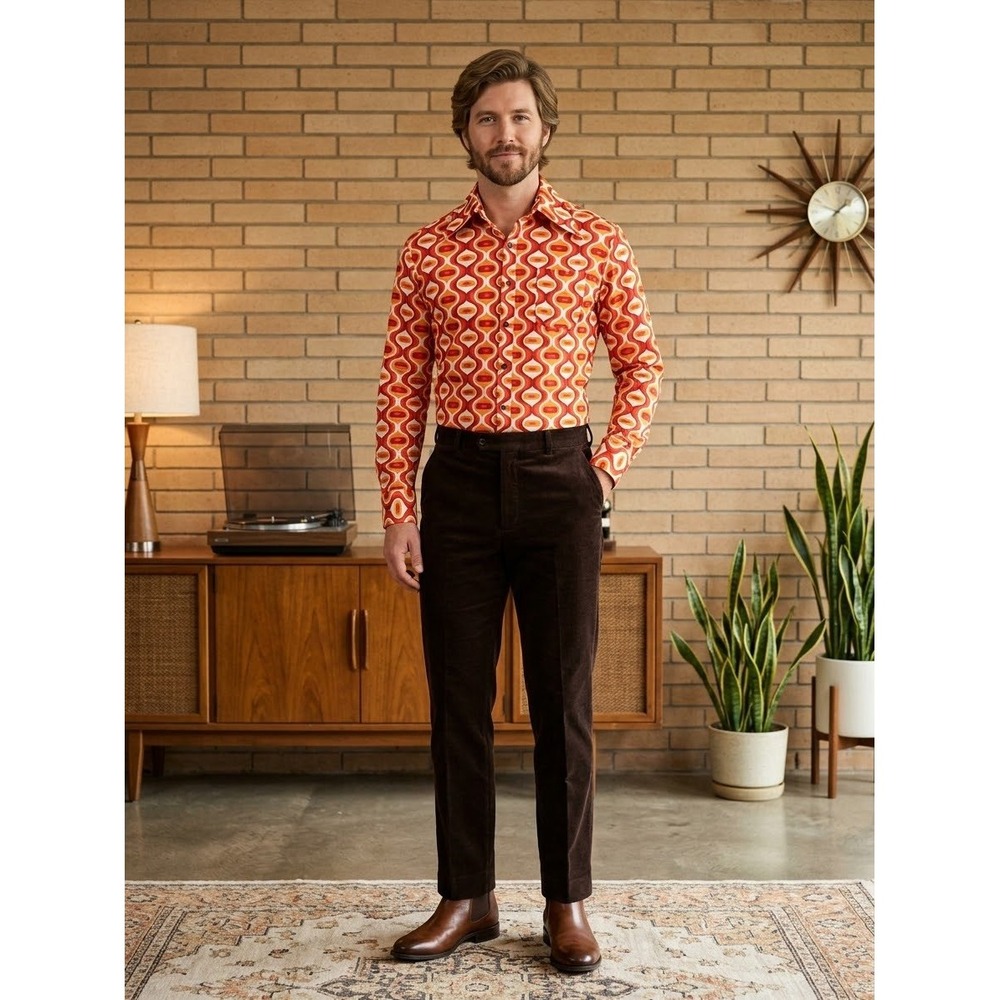 Vintage Style 70s Retro Psychedelic Orange Geometric Button Up Shirt Mens XL